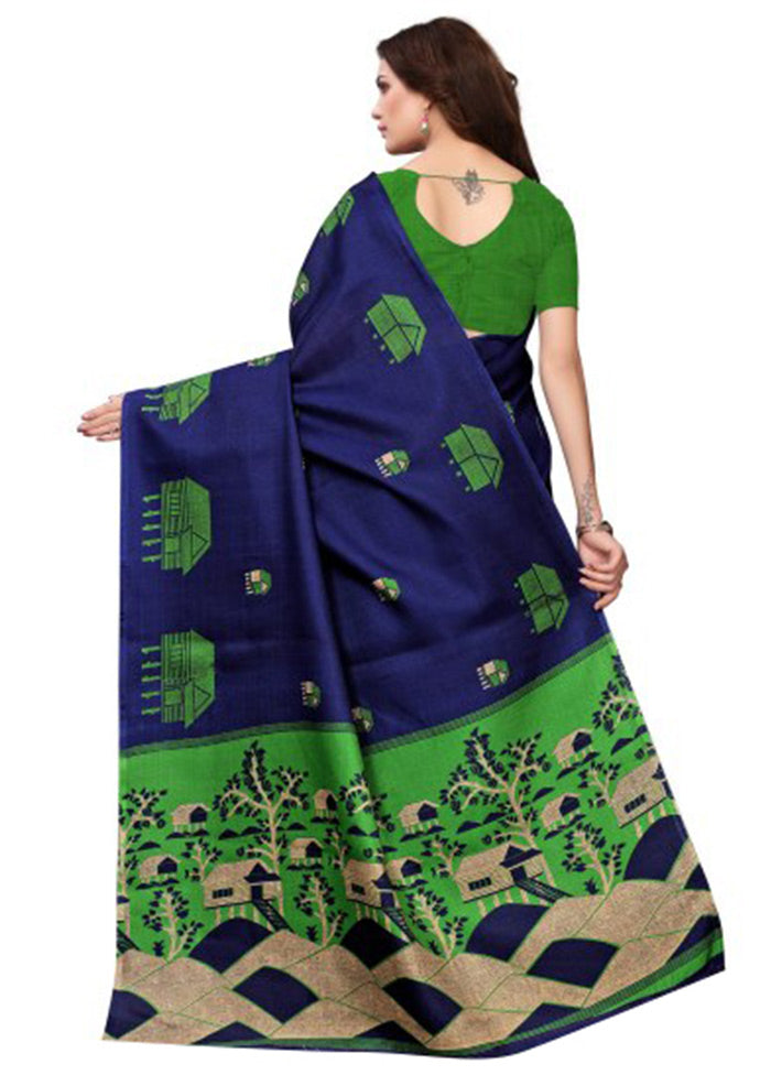 Navy Blue Dupion Silk Saree With Blouse Piece - Indian Silk House Agencies