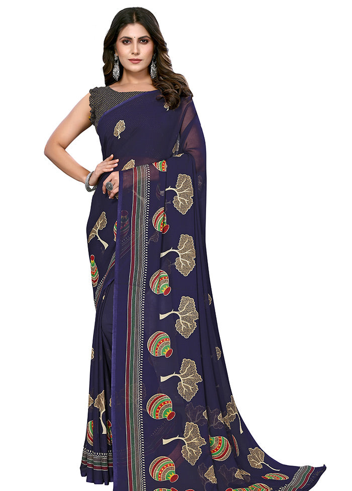 Navy Blue Silk Saree With Blouse Piece - Indian Silk House Agencies