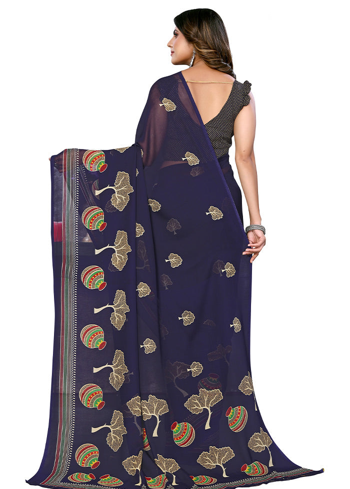 Navy Blue Silk Saree With Blouse Piece - Indian Silk House Agencies