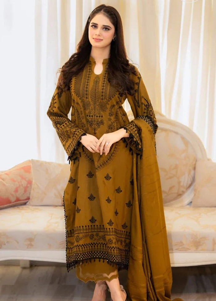 3 Pc Brown Readymade Silk Dupatta Suit Set