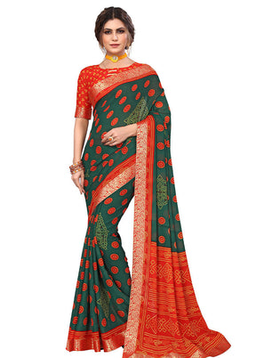 Green Georgette Saree With Blouse Piece - Indian Silk House Agencies