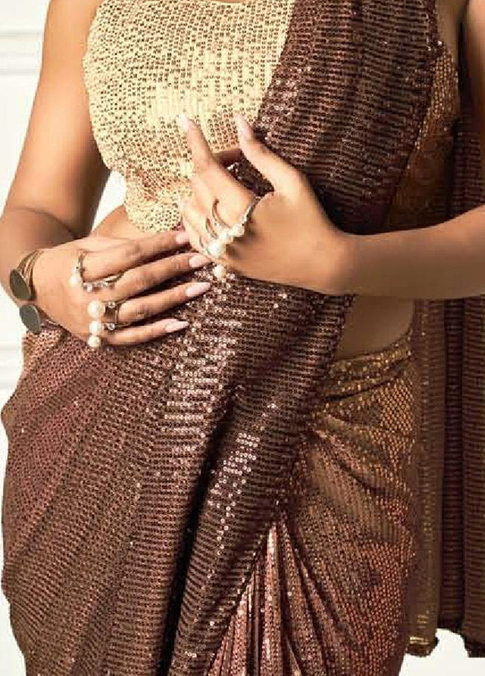 Brown Georgette Sequins Work Saree With Blouse Piece - Indian Silk House Agencies