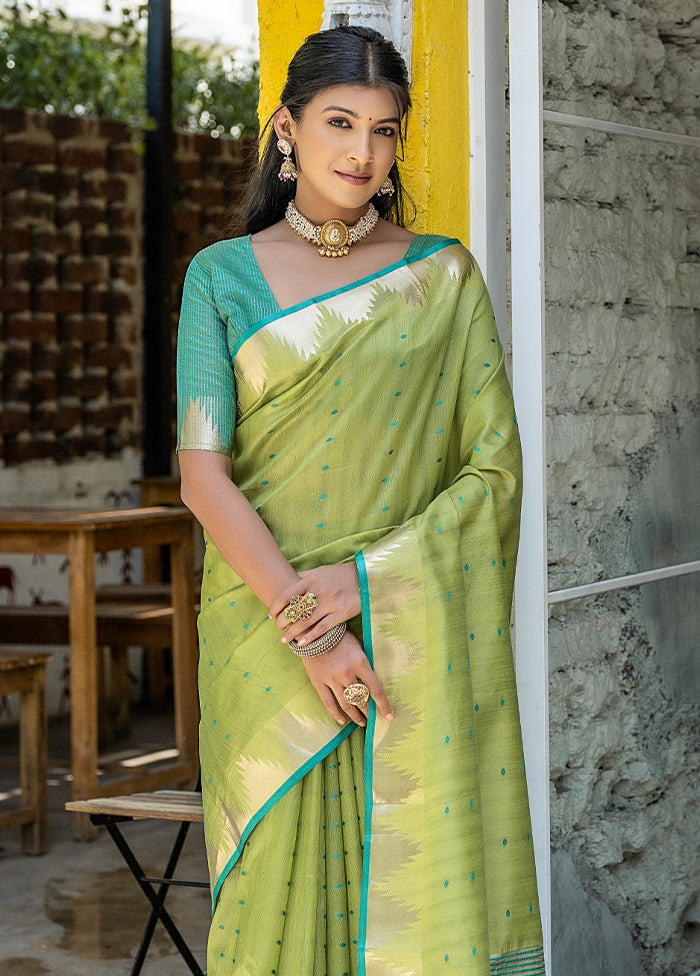 Pista Green Dupion Silk Saree With Blouse Piece