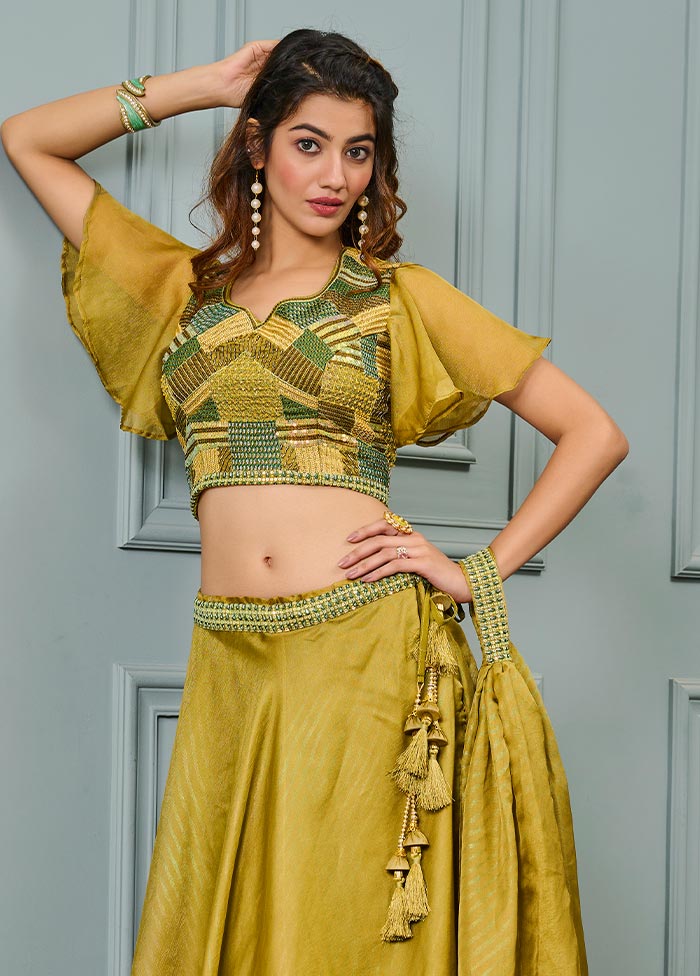 3 Pc Olive Green Net Readymade Lehenga Set - Indian Silk House Agencies