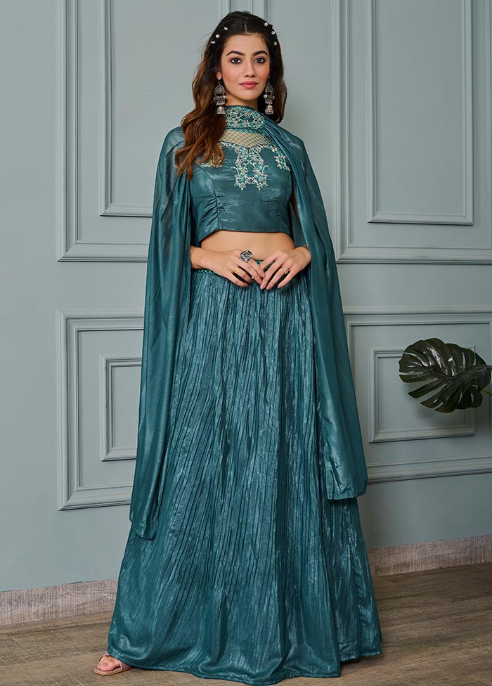 3 Pc Teal Blue Silk Readymade Lehenga Set - Indian Silk House Agencies