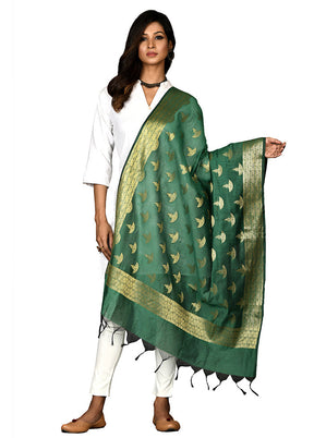 Green Cotton Silk Zari Work Dupatta