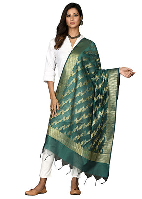 Bottle Green Cotton Silk Zari Work Dupatta