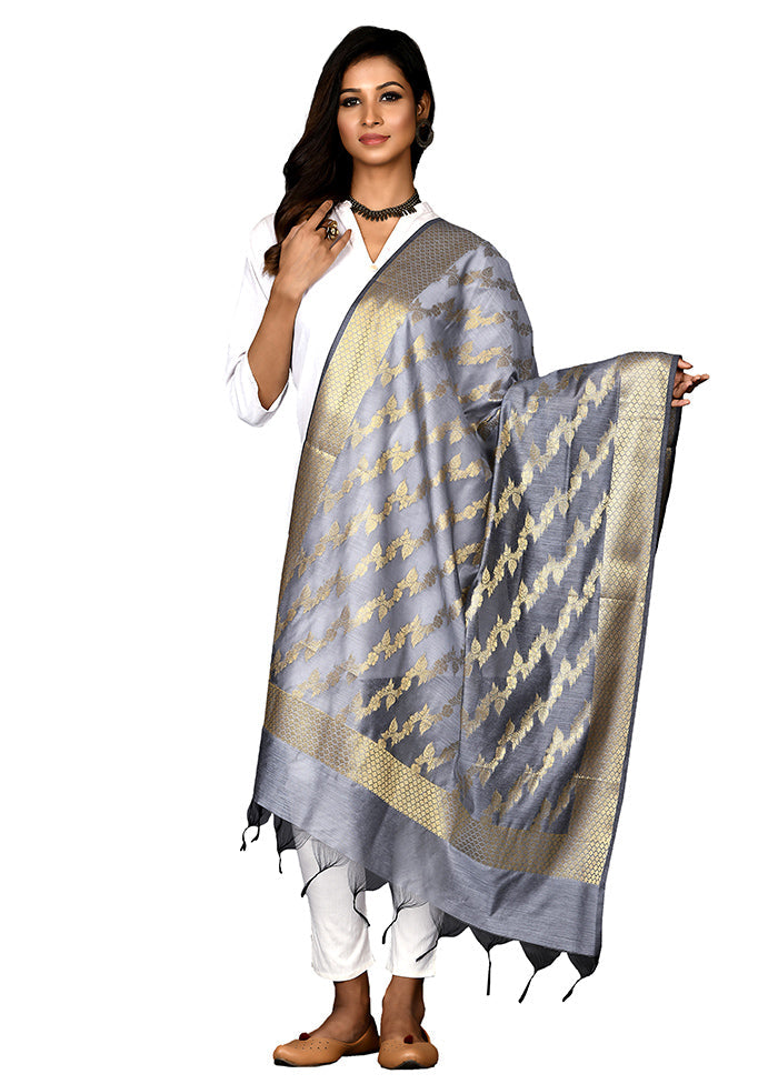 Grey Cotton Silk Zari Work Dupatta