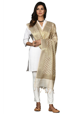 Beige Cotton Silk Zari Work Dupatta