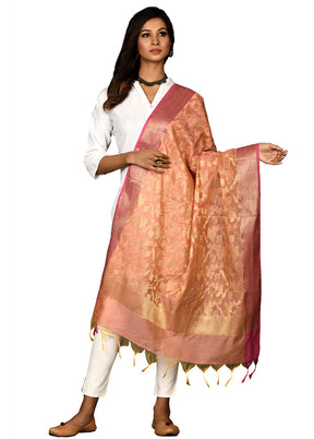 Peach Cotton Silk Zari Work Dupatta