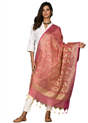 Pink Cotton Silk Zari Work Dupatta