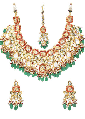 Green Red Gold Toned Handcrafted Kundan Necklace With Matching Earrings And Mangtika - Indian Silk House Agencies