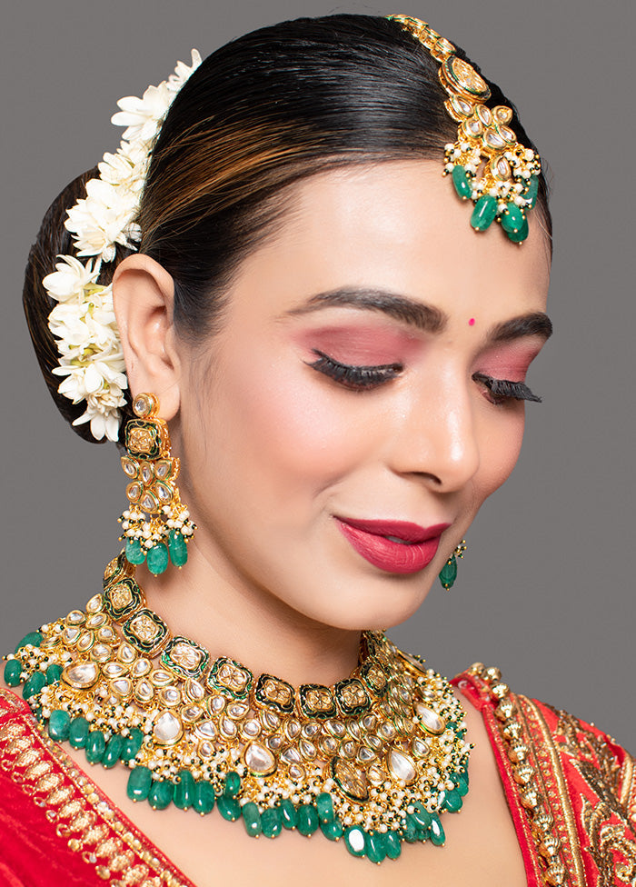 Green Gold Tone Kundan Enameled Necklace And Earrings With Mangtika - Indian Silk House Agencies