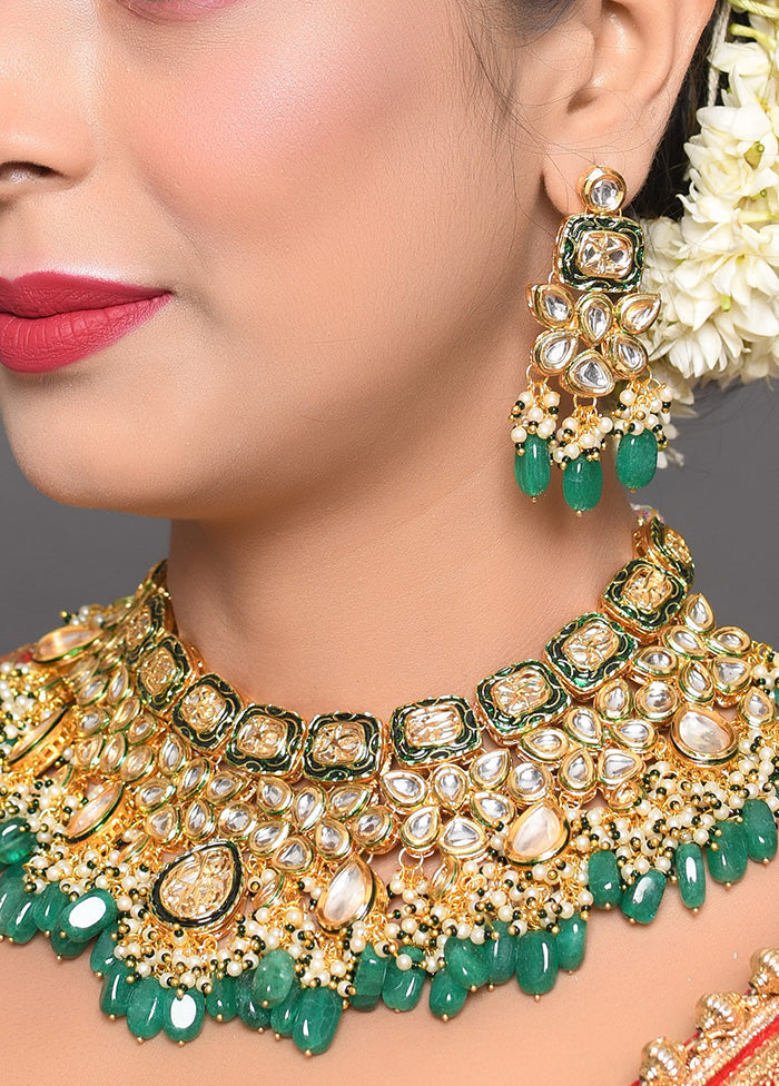 Green Gold Tone Kundan Enameled Necklace And Earrings With Mangtika - Indian Silk House Agencies