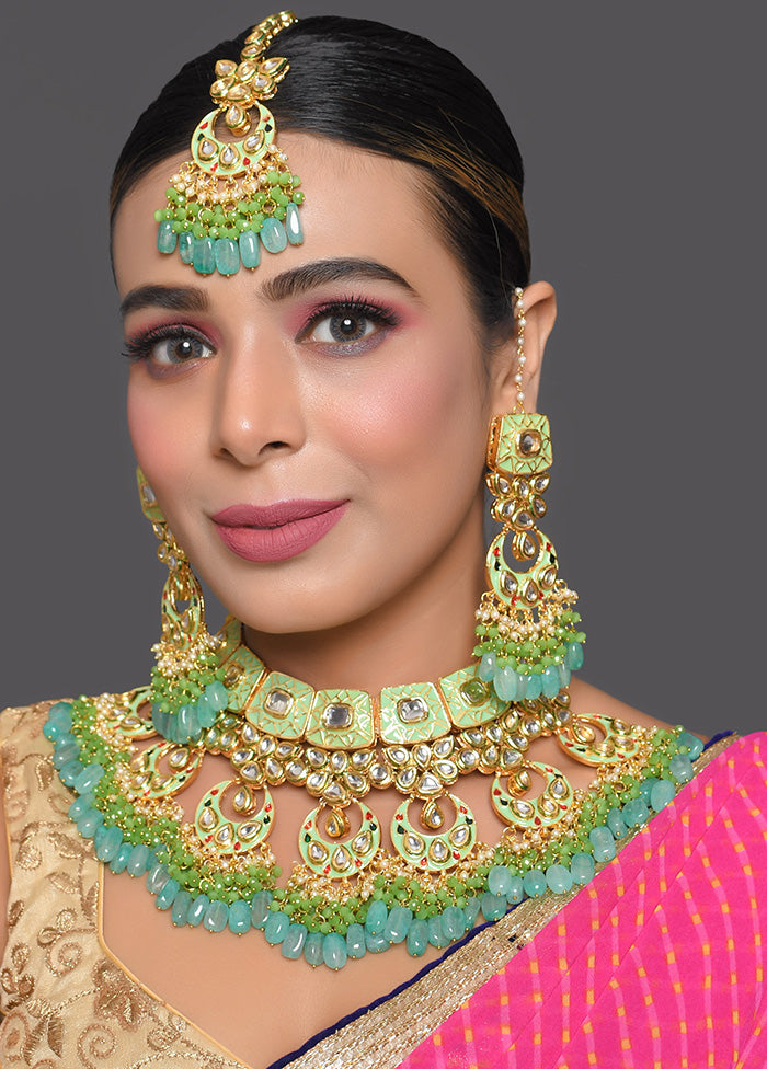 Green Enameled Kundan Maharani Necklace And Earrings With Mangtika - Indian Silk House Agencies