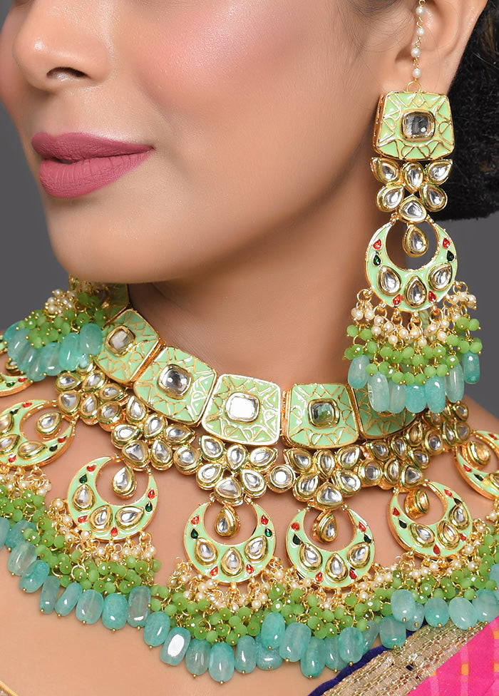 Green Enameled Kundan Maharani Necklace And Earrings With Mangtika - Indian Silk House Agencies