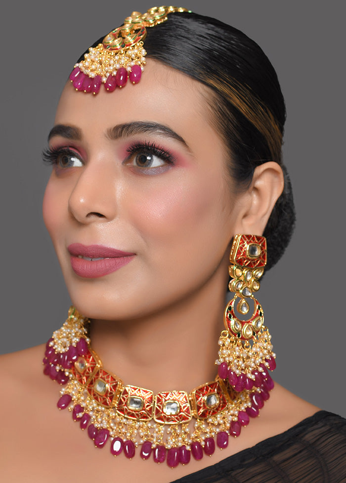 Kundan Inspired Mahroon Enameled Necklace And Earrings With Mangtika - Indian Silk House Agencies