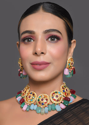 Navratan Kundan Inspired Necklace With Earrings - Indian Silk House Agencies