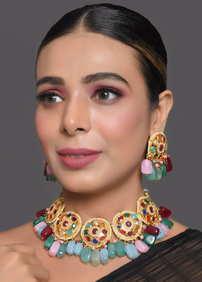 Navratan Kundan Inspired Necklace With Earrings - Indian Silk House Agencies