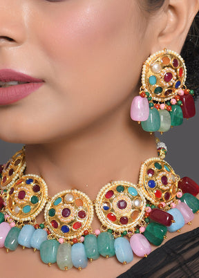 Navratan Kundan Inspired Necklace With Earrings - Indian Silk House Agencies