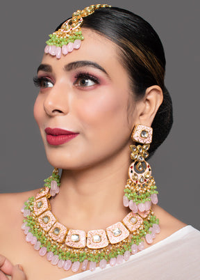 Pink Enamaled Kundan Necklace With Earrings And Mangtika - Indian Silk House Agencies