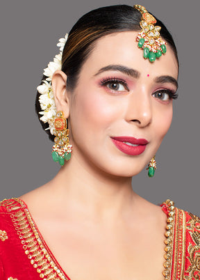 Red Gold Toned Kundan Earrings With Mangtika - Indian Silk House Agencies