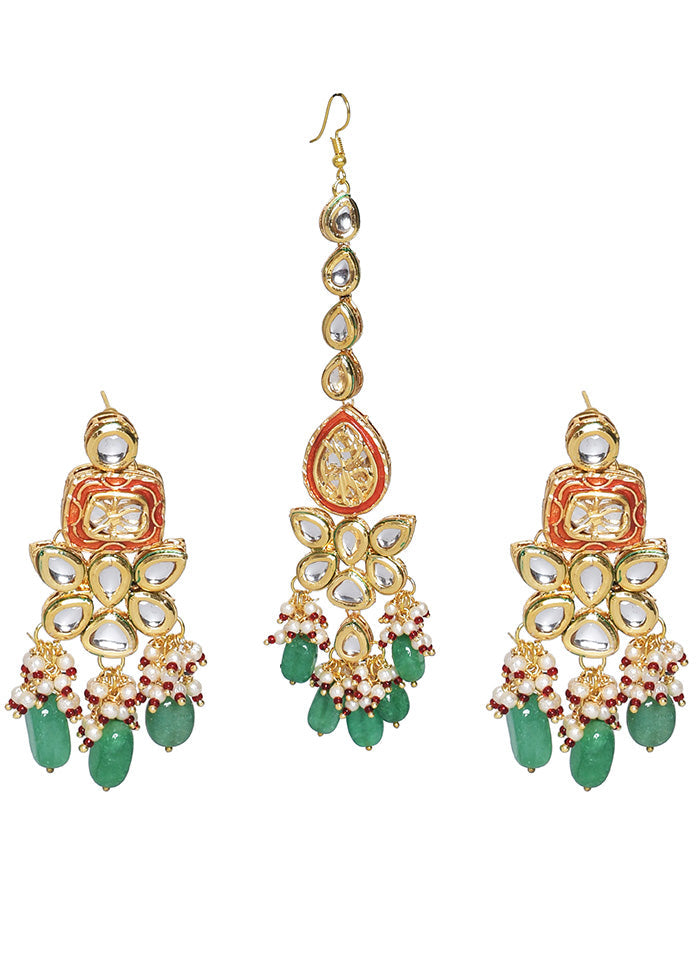 Red Gold Toned Kundan Earrings With Mangtika - Indian Silk House Agencies