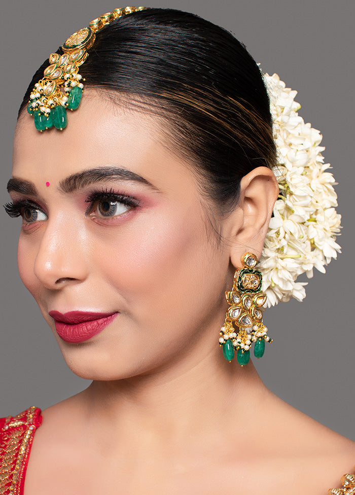 Green Gold Toned Kundan Earrings With Mangtika - Indian Silk House Agencies