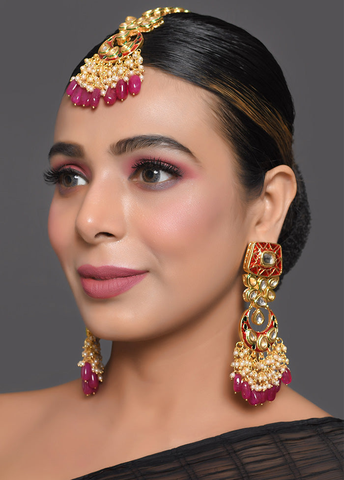 Kundan Inspired Enameled Earrings With Mangtika - Indian Silk House Agencies