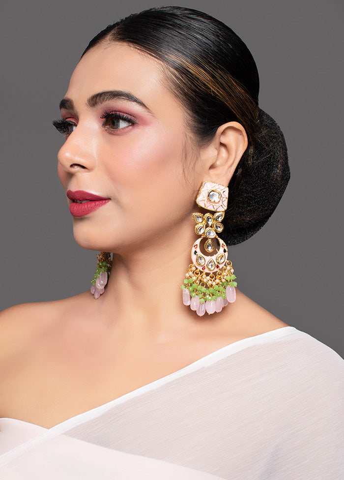 Gold Toned Pink Green Beaded Kundan Studded And Enamaled Handcrafted Earrings - Indian Silk House Agencies