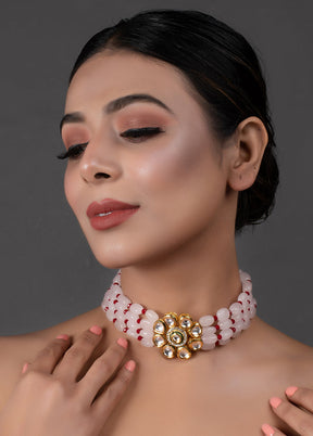 Pastel Pink Maroon Beaded Gold Tone Kundan Choker - Indian Silk House Agencies