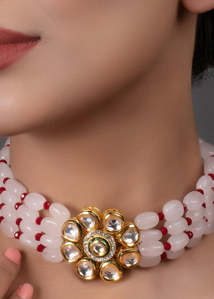 Pastel Pink Maroon Beaded Gold Tone Kundan Choker - Indian Silk House Agencies