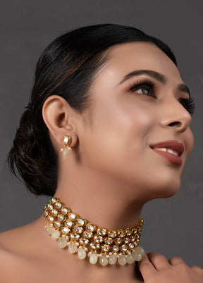 Ivory Beaded Handcrafted Kundan Choker With Earrings - Indian Silk House Agencies