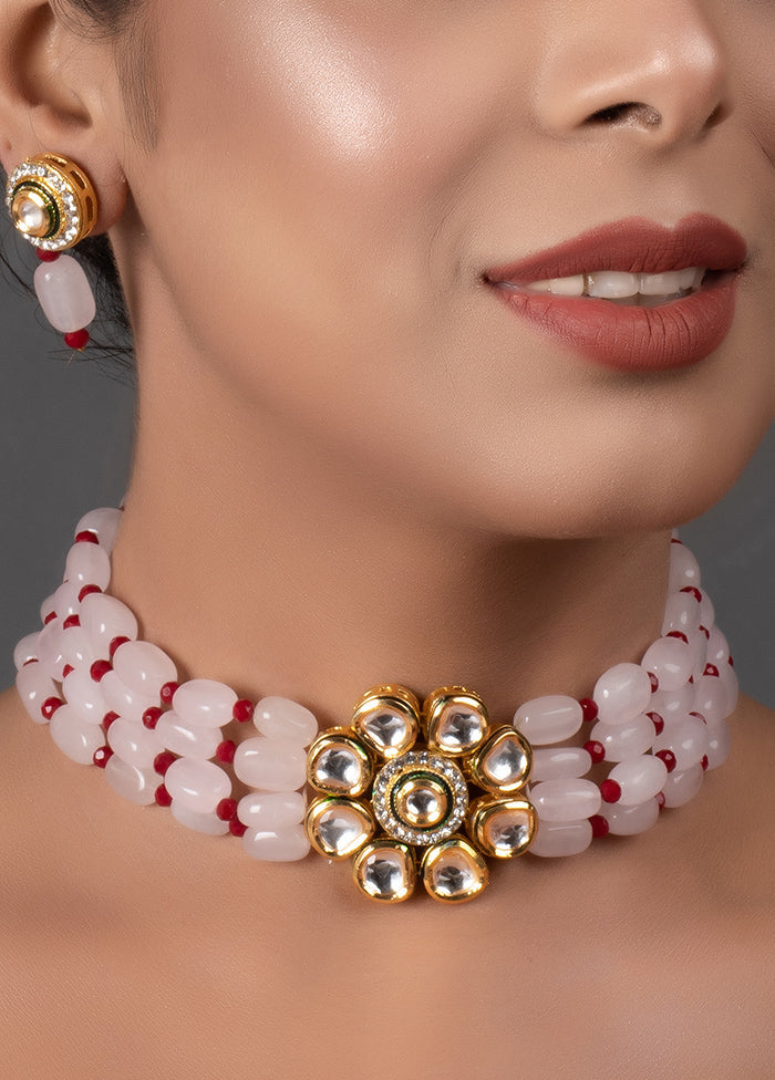 Pink Beaded Gold Tone Kundan Choker With Earrings - Indian Silk House Agencies