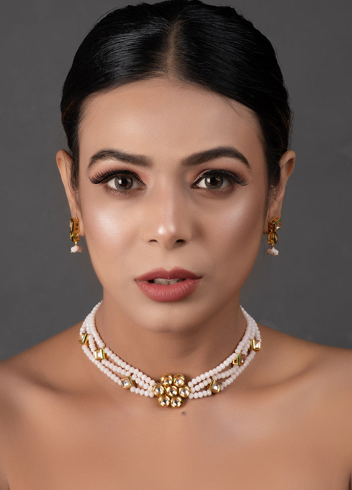 White Gold Tone Kundan Onyx Choker With Earrings - Indian Silk House Agencies