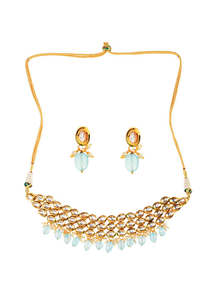 Blue Gold Tone Kundan Beaded Choker With Earrings - Indian Silk House Agencies