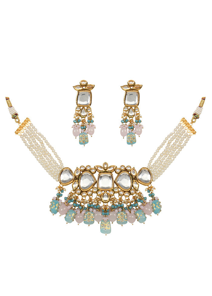 Pastel Blue Beaded Kundan Necklace And Earrings Set - Indian Silk House Agencies