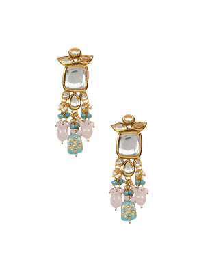 Pastel Blue Pink Beaded Handcrafted Kundan Earrings - Indian Silk House Agencies