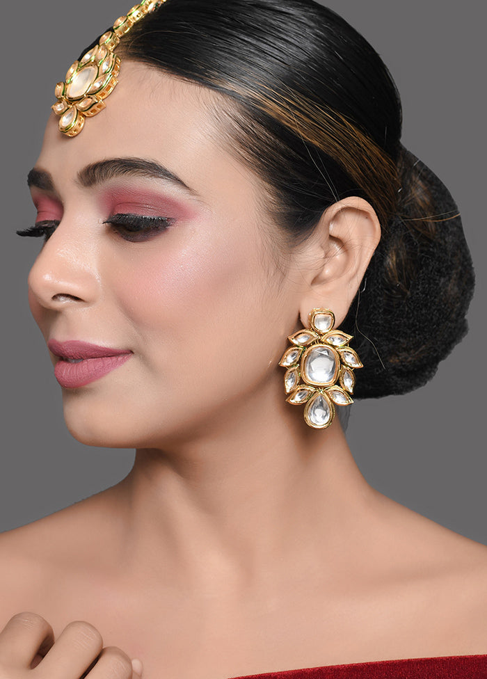 White Gold Tone Kundan Earrings With Maangtikka - Indian Silk House Agencies