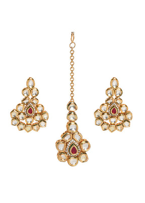 White Kundan Gold Toned Earrings And Mangtika Set - Indian Silk House Agencies