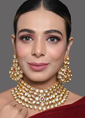 Gold Toned Kundan Necklace With Earrings - Indian Silk House Agencies