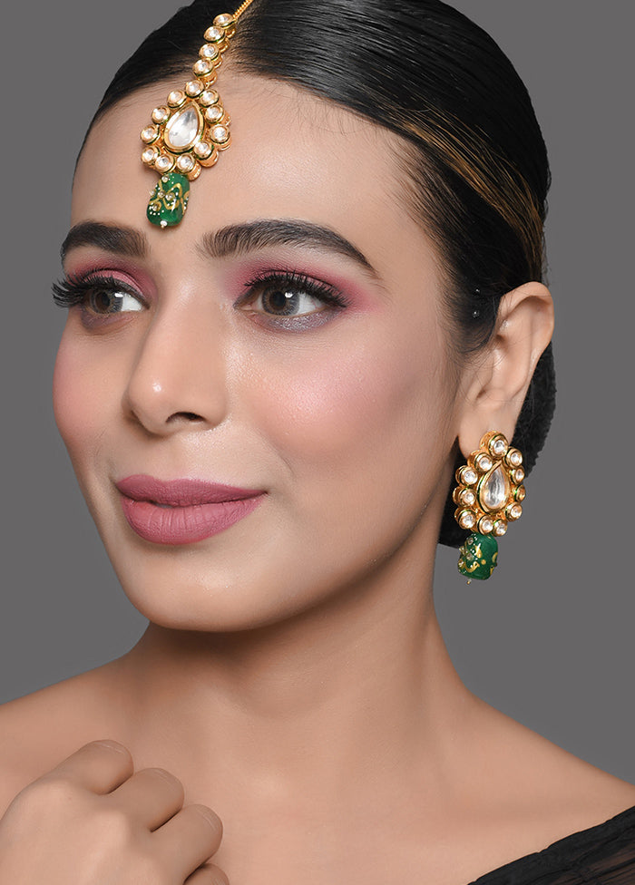 Green Gold Toned Beaded Kundan Earrings Mangtika Set - Indian Silk House Agencies