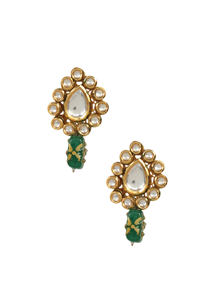 Green Gold Toned Beaded Kundan Earrings Mangtika Set - Indian Silk House Agencies