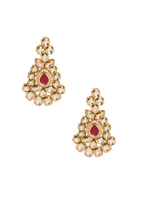 Handcrafted Red Gold Toned Kundan Earrings - Indian Silk House Agencies