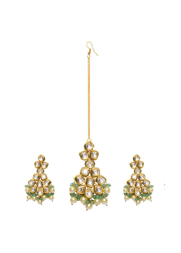 Jade Gold Tone Kundan Earrings And Maang Tikka Set - Indian Silk House Agencies