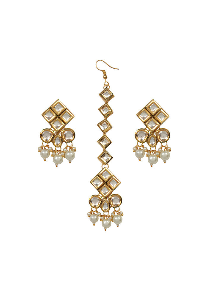 Pearl Beaded Kundan Earrings Mangtika Set - Indian Silk House Agencies