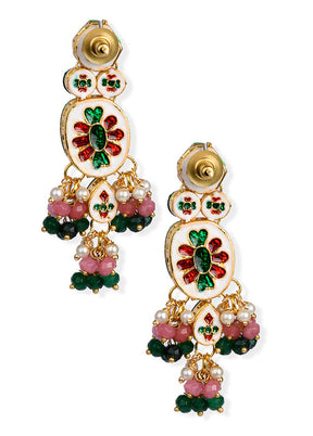 Pink Green Gold Tone Kundan Earrings - Indian Silk House Agencies