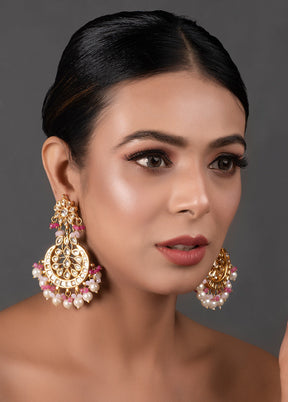 Pearl Pink Beaded Gold Toned Kundan Earrings - Indian Silk House Agencies