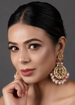 Pearl Pink Beaded Gold Toned Kundan Earrings - Indian Silk House Agencies