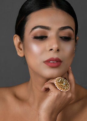 Gold Toned Kundan Embellished Pearl Beaded Adjustable Ring - Indian Silk House Agencies